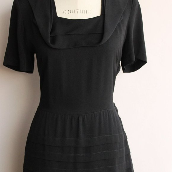 Vintage 1940s Dress / Black Rayon Dress With Shawl Collar, Front Peplum Shoulder - Picture 3 of 11